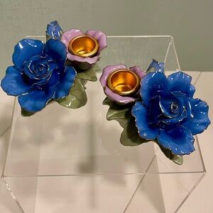 VINTAGE ROYAL ALBERT Moonlight Rose Tapers Set Ceramic Candle Holder Gold Edge